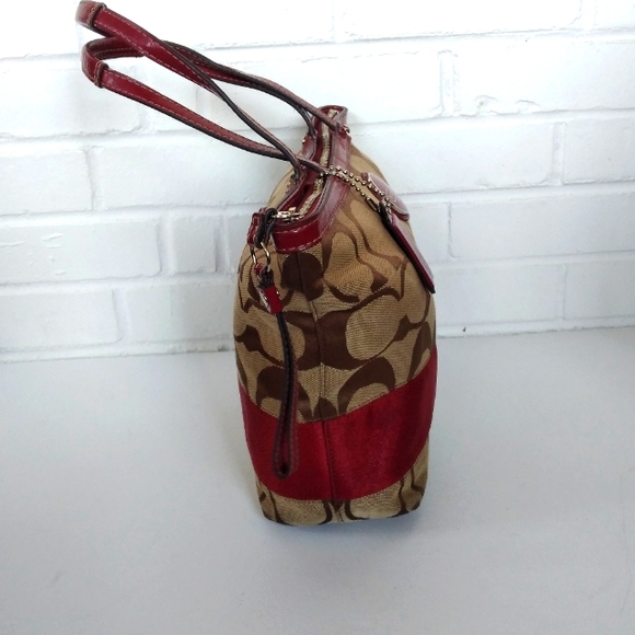 Coach red leather and canvas satchel - Picture 3 of 8